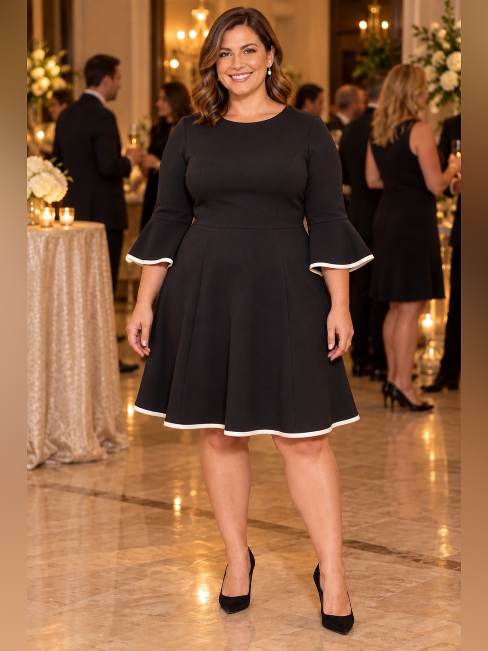 ELIZA J Black Ivory Trim Bell Sleeve Fit & Flare Dress Size 12 NWT